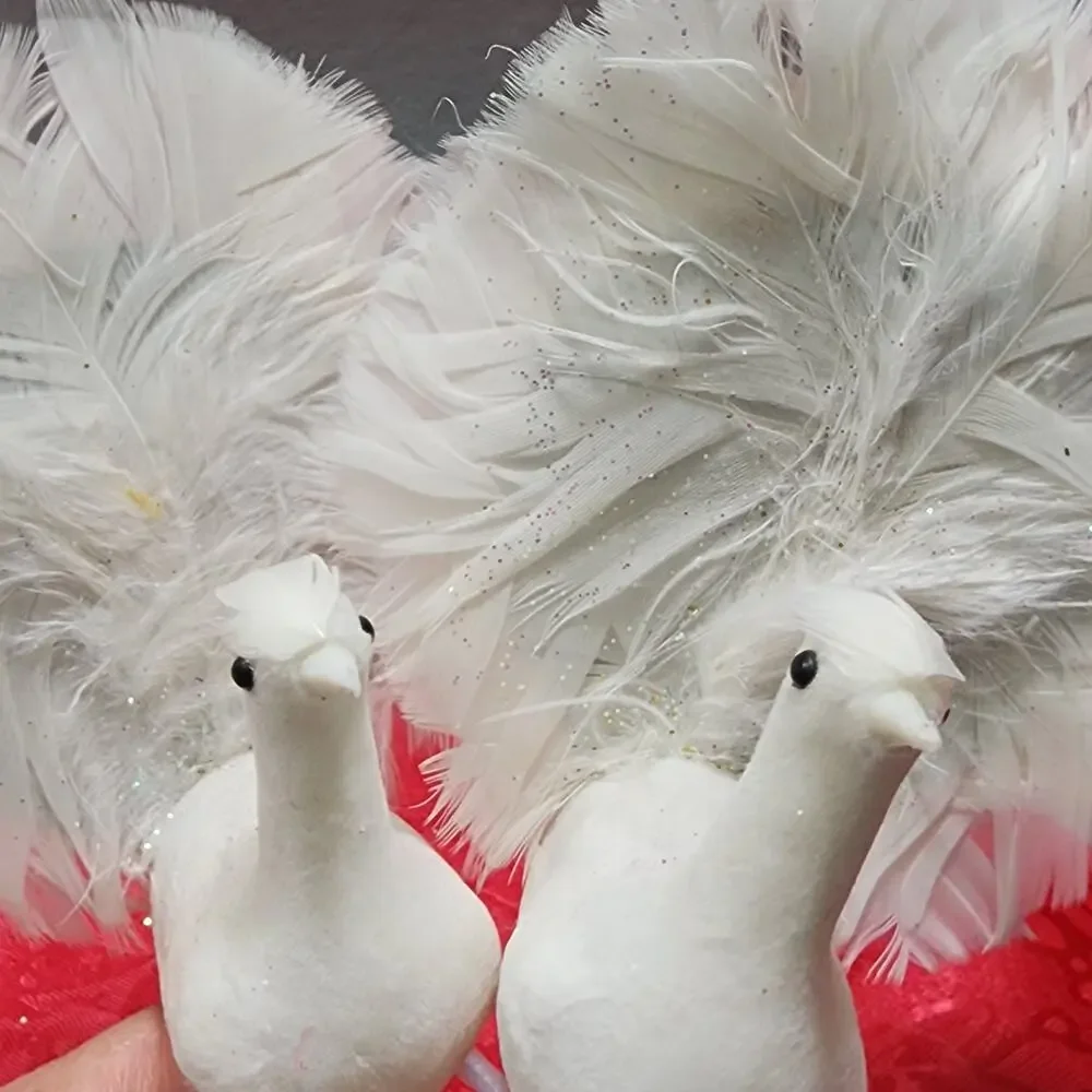 2x White Feather Plumed Peacock Bird Decorations Christmas Tree Wire Pick Stands